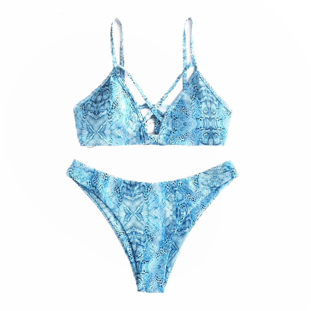 Shein Snake Skin Print Blue and Black Cheeky Strappy Two Piece Bikini Swim Set